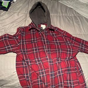Boys Large flannel button up (with hoodie) worn multiple times. Good condition.